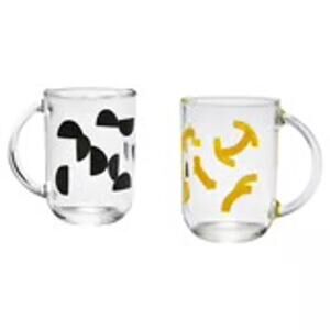 IKEA SKEDSTÖR Glass Mugs Set of 2 Yellow Black Playful Pattern for Coffee or Tea